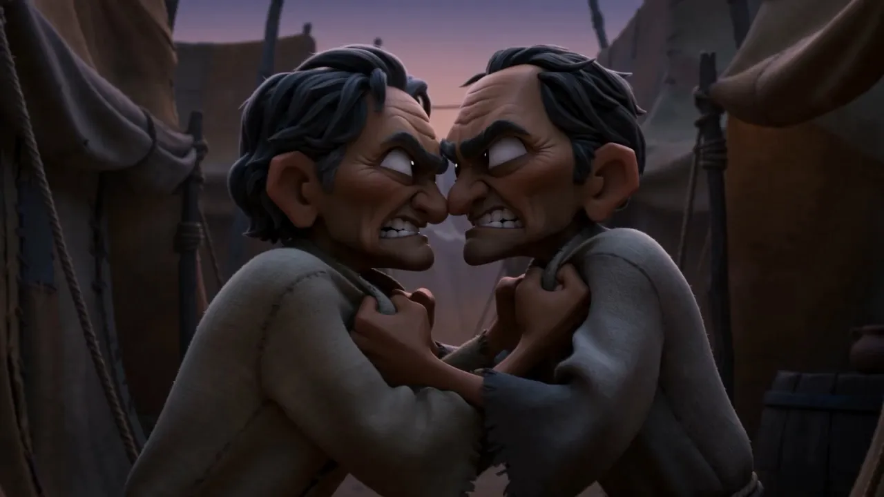 Two men have each other by the collar