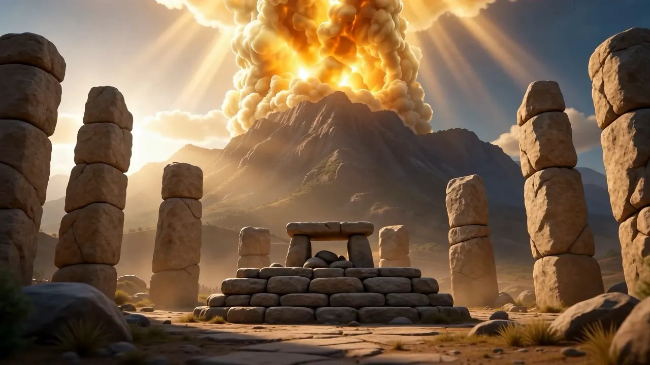 The pillars stand in the dawn light