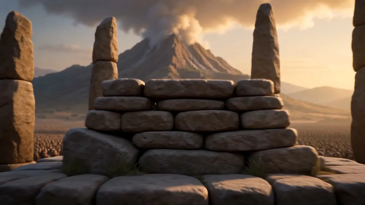 Twelve standing stones and an altar before the burning mountain