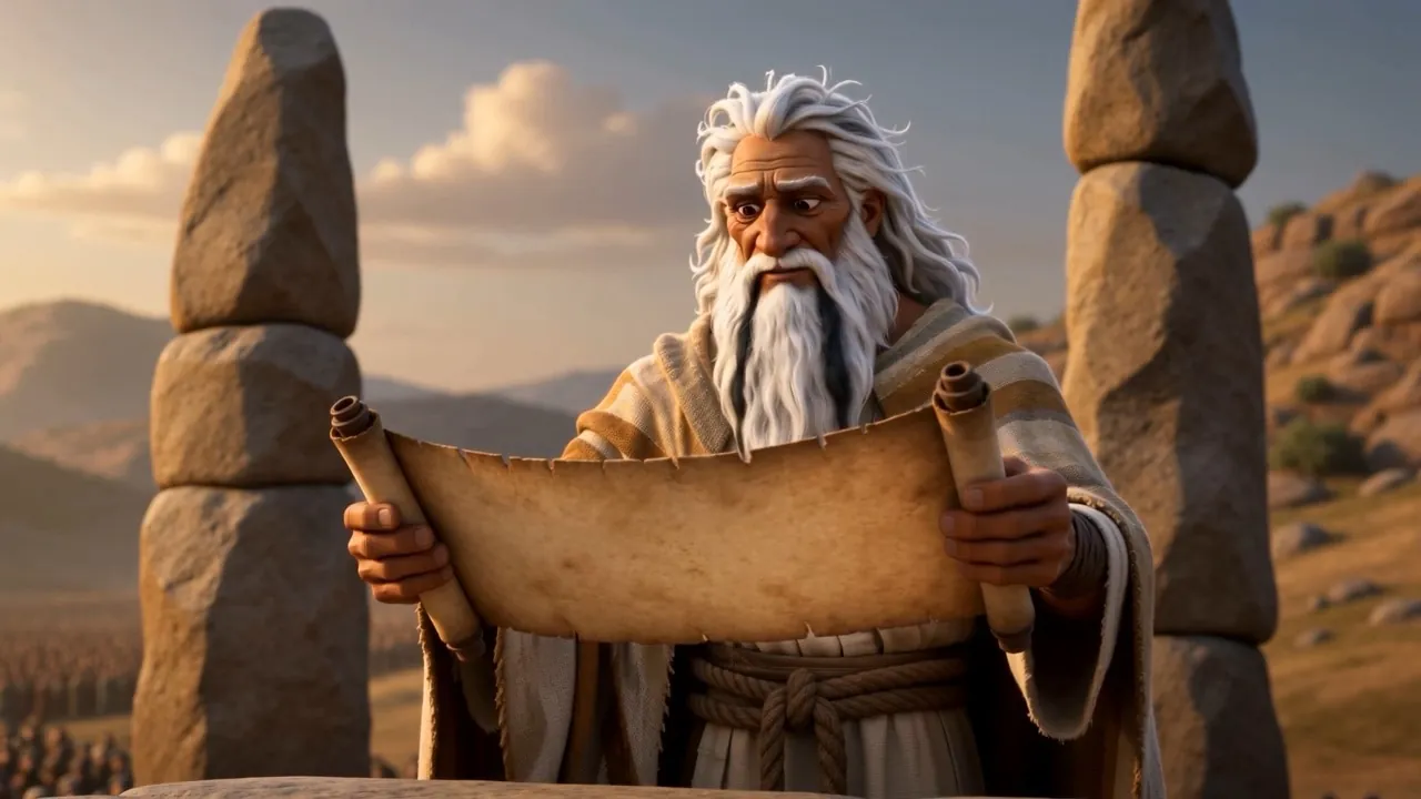 Moses reads the covenant aloud from a scroll