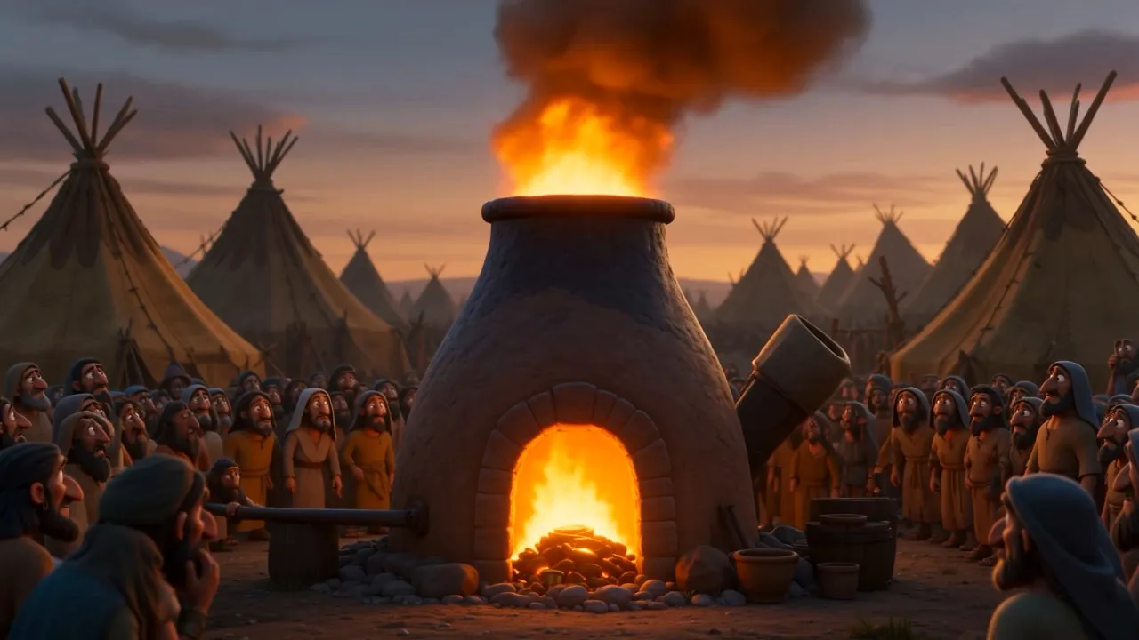 A furnace roars among the tents
