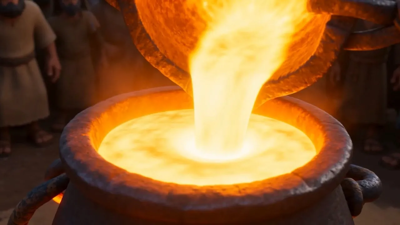 Molten gold pours into the mould