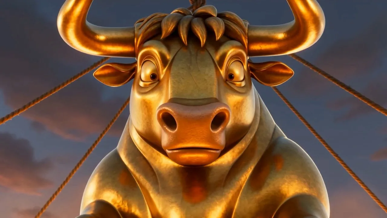 A golden bull, finished, gleaming in the firelight