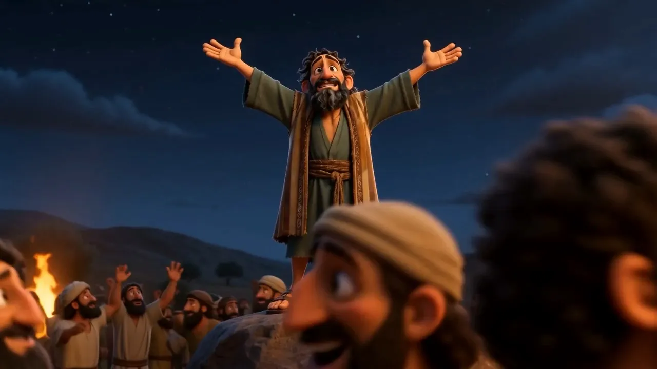 A man throws his arms wide in the firelight