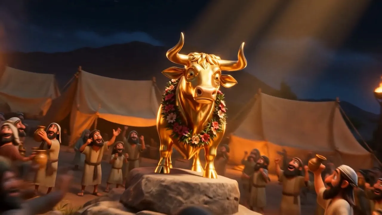 The calf stands garlanded on a stone plinth