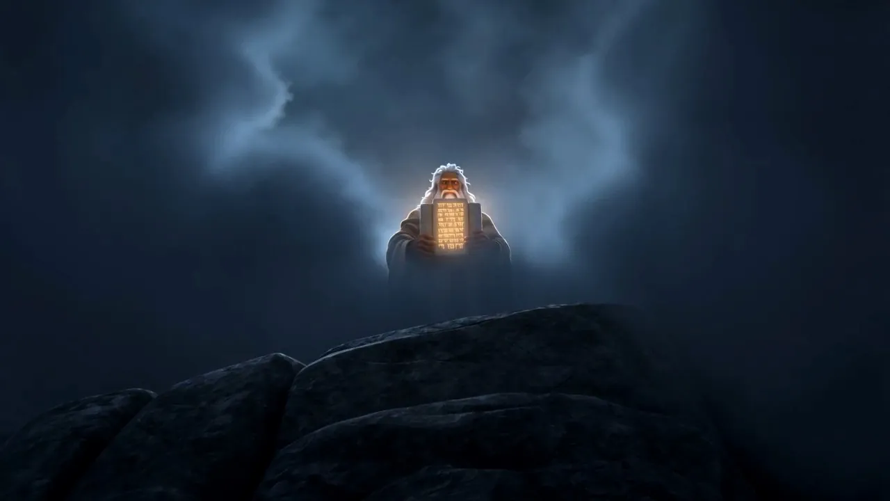 High on the rock, Moses holds two glowing tablets