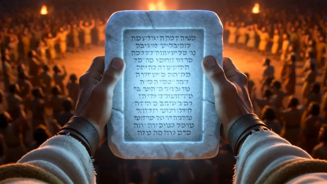 The tablets in his hands, the fires reflected in the stone