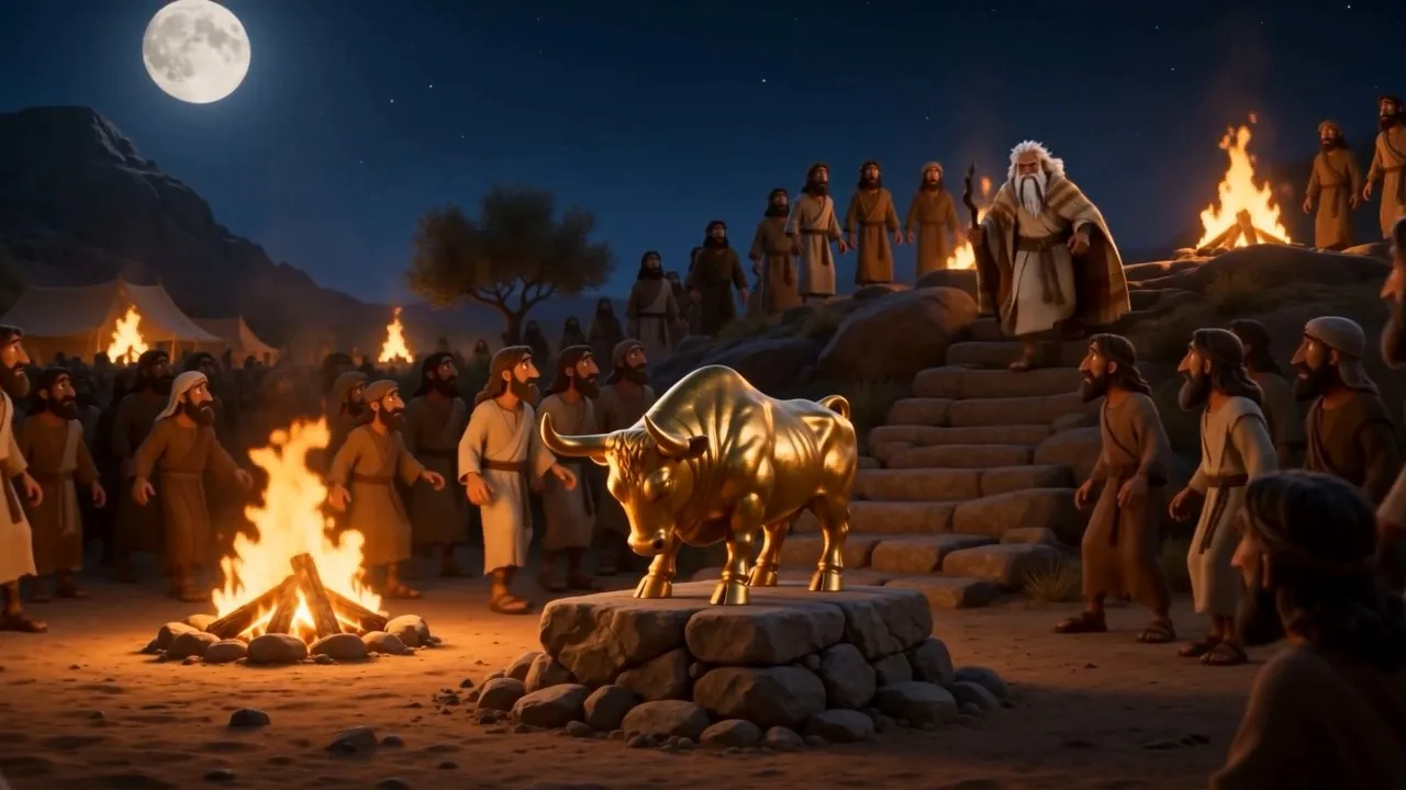 The music stops. Moses walks into the middle of the festival