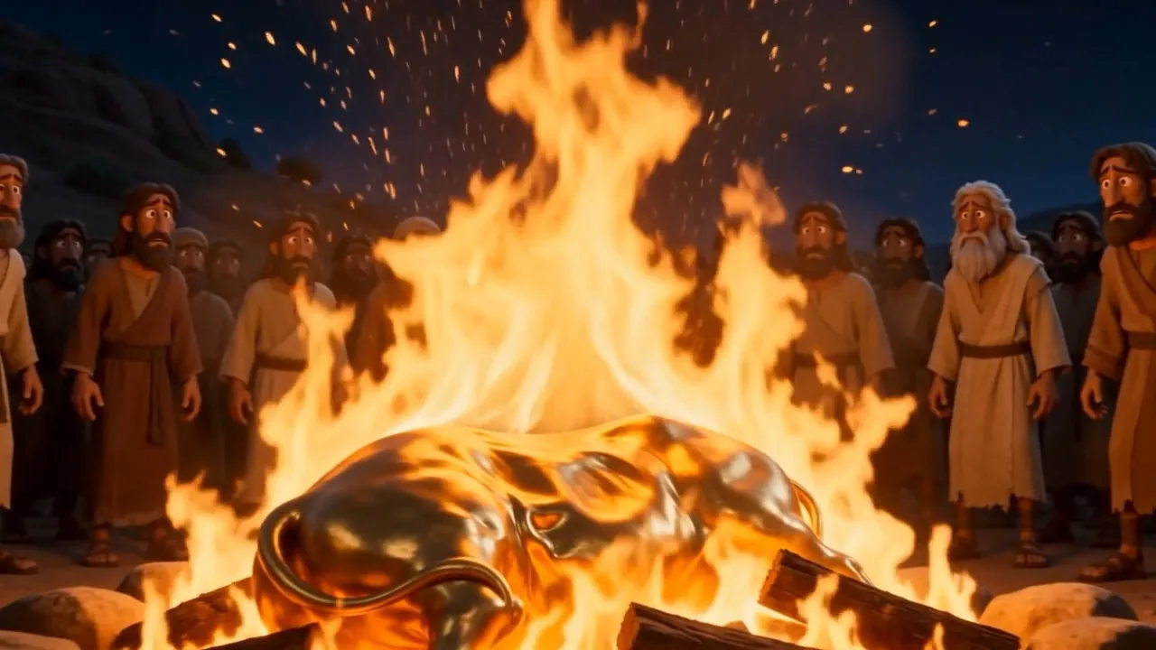 Gold sags and runs in the flames as the camp watches
