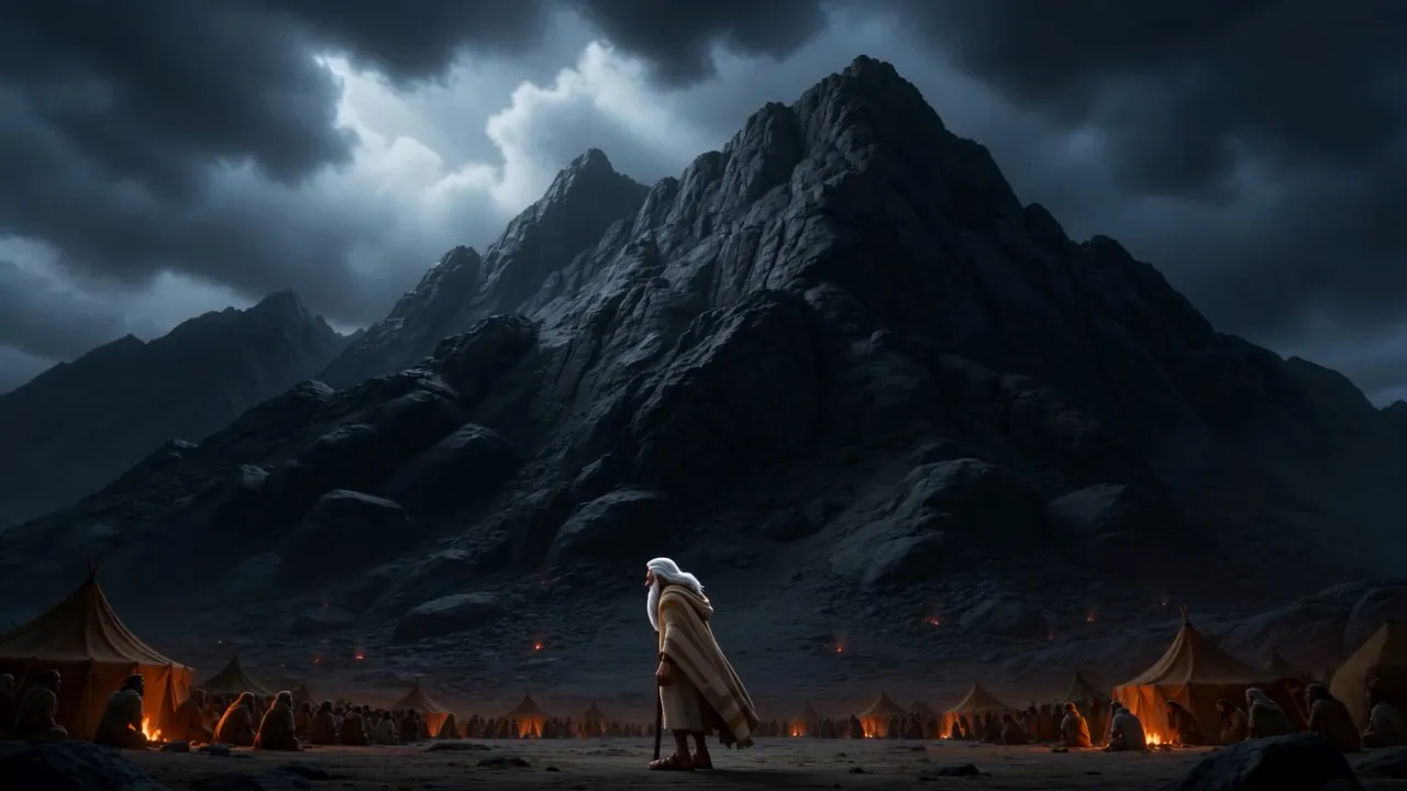 Night. Moses climbs back up the black mountain alone