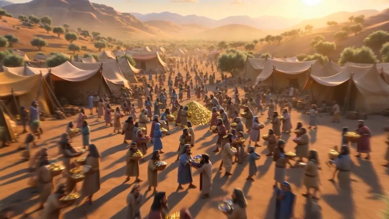 The whole camp streams in carrying things