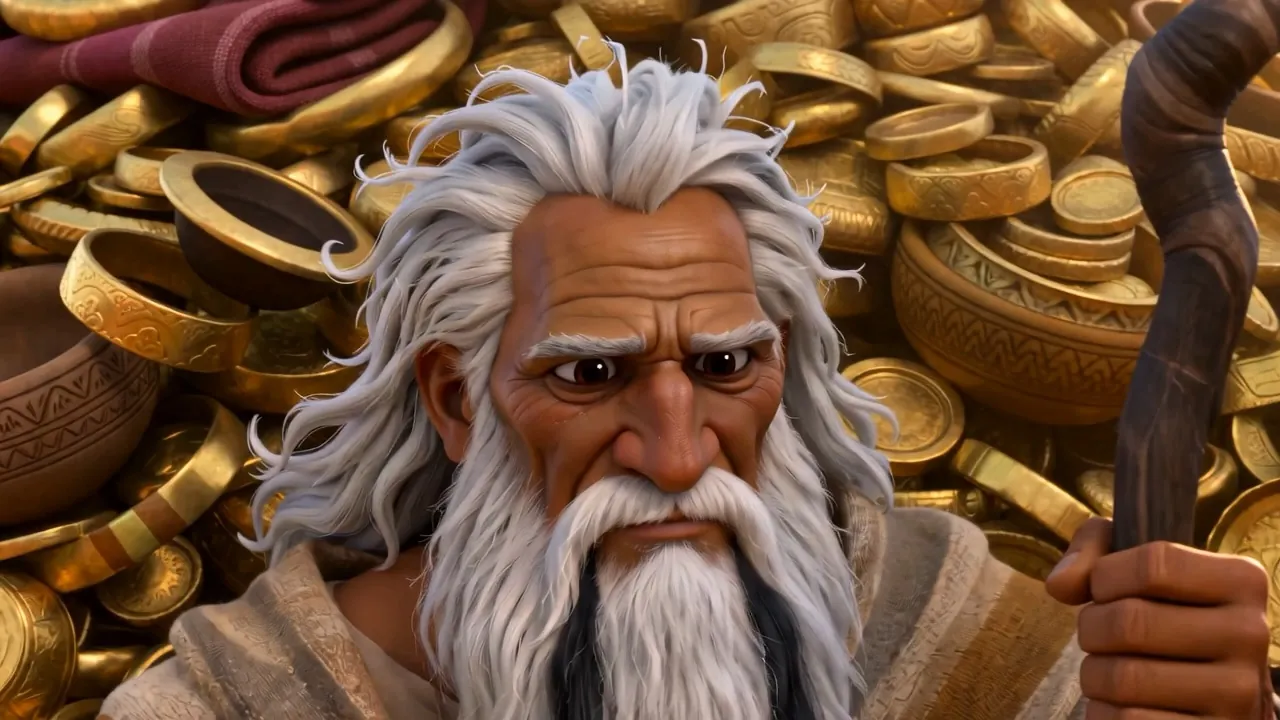 Moses stands beside a growing mountain of gold and cloth