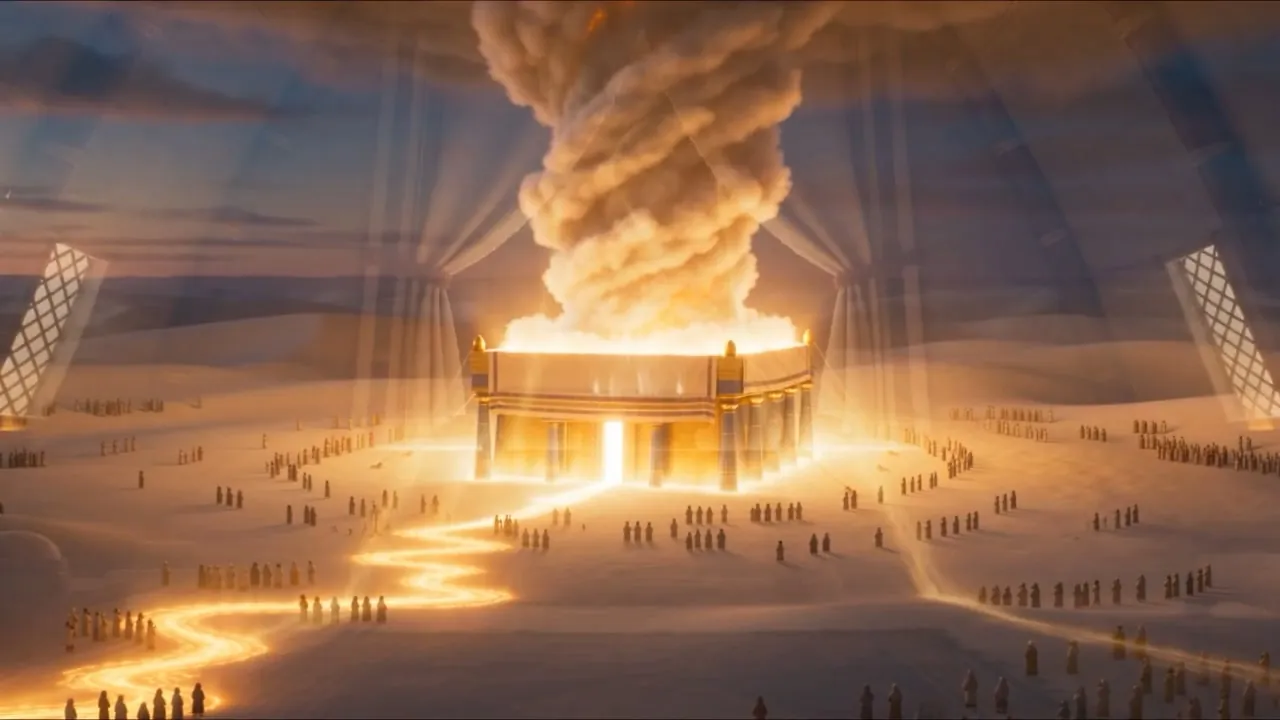 The cloud settles on the tabernacle, blazing at its base