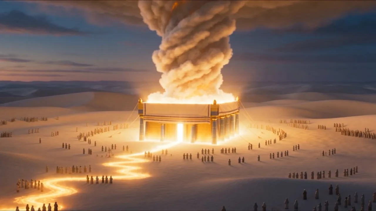 The camp gathers in rings around the burning tent