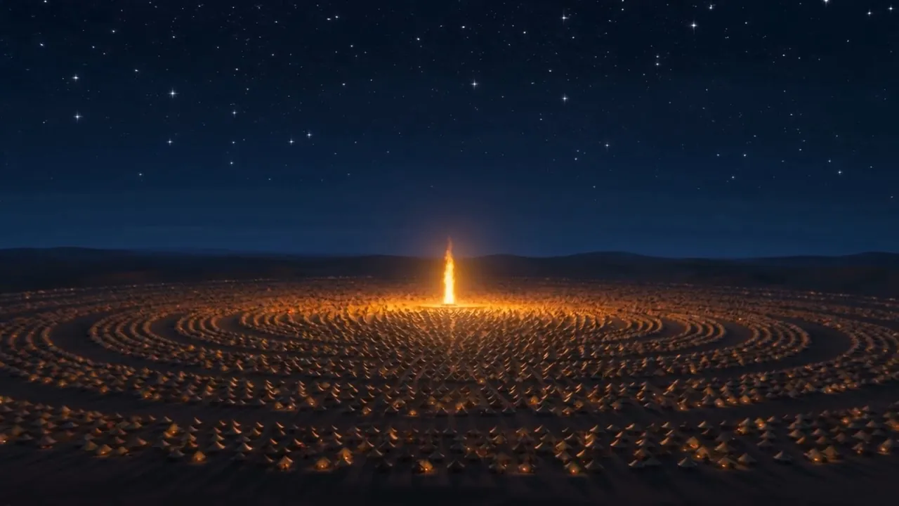 At night the pillar burns over a camp laid out in rings