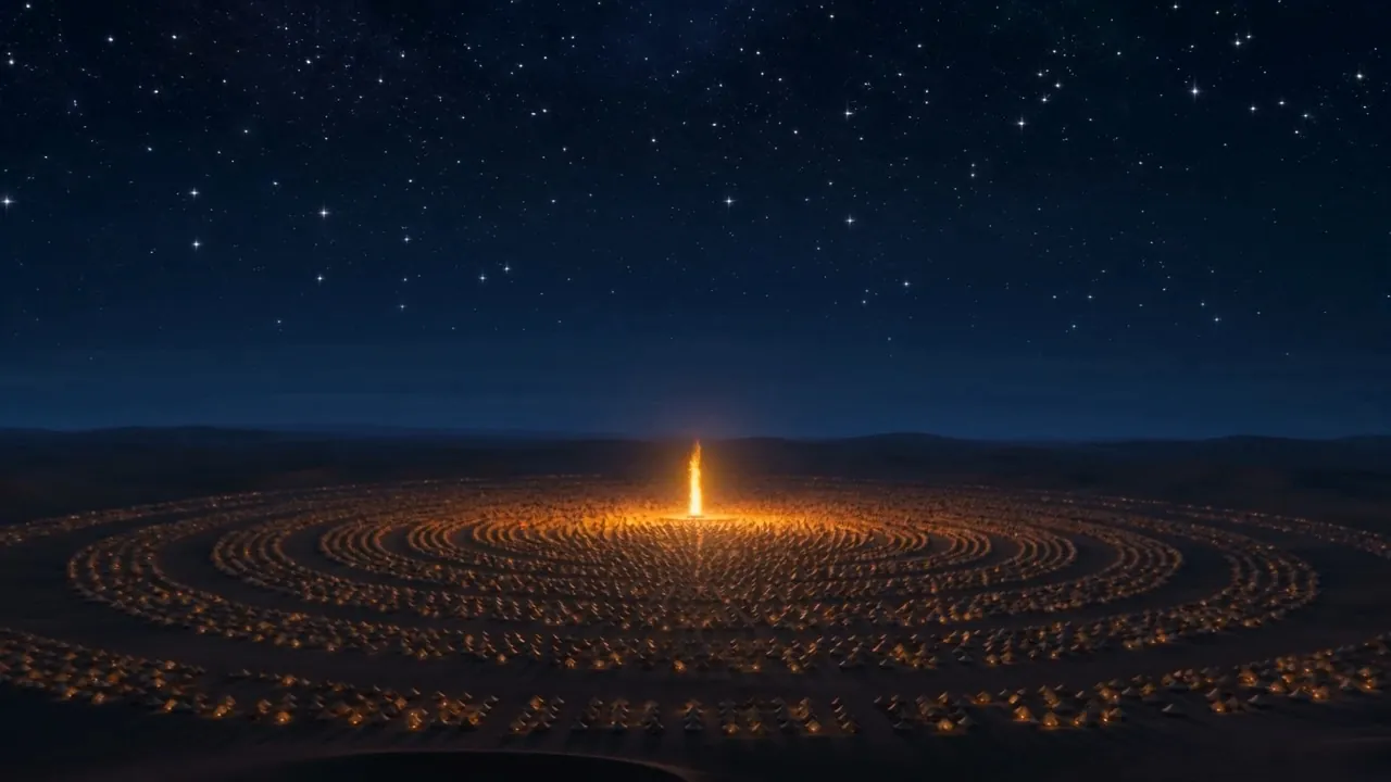 The camp in rings around one burning pillar at night