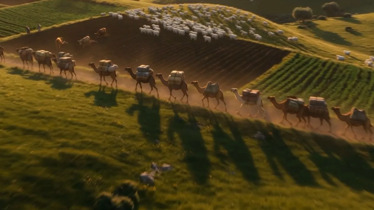 A caravan of camels swaying along a track