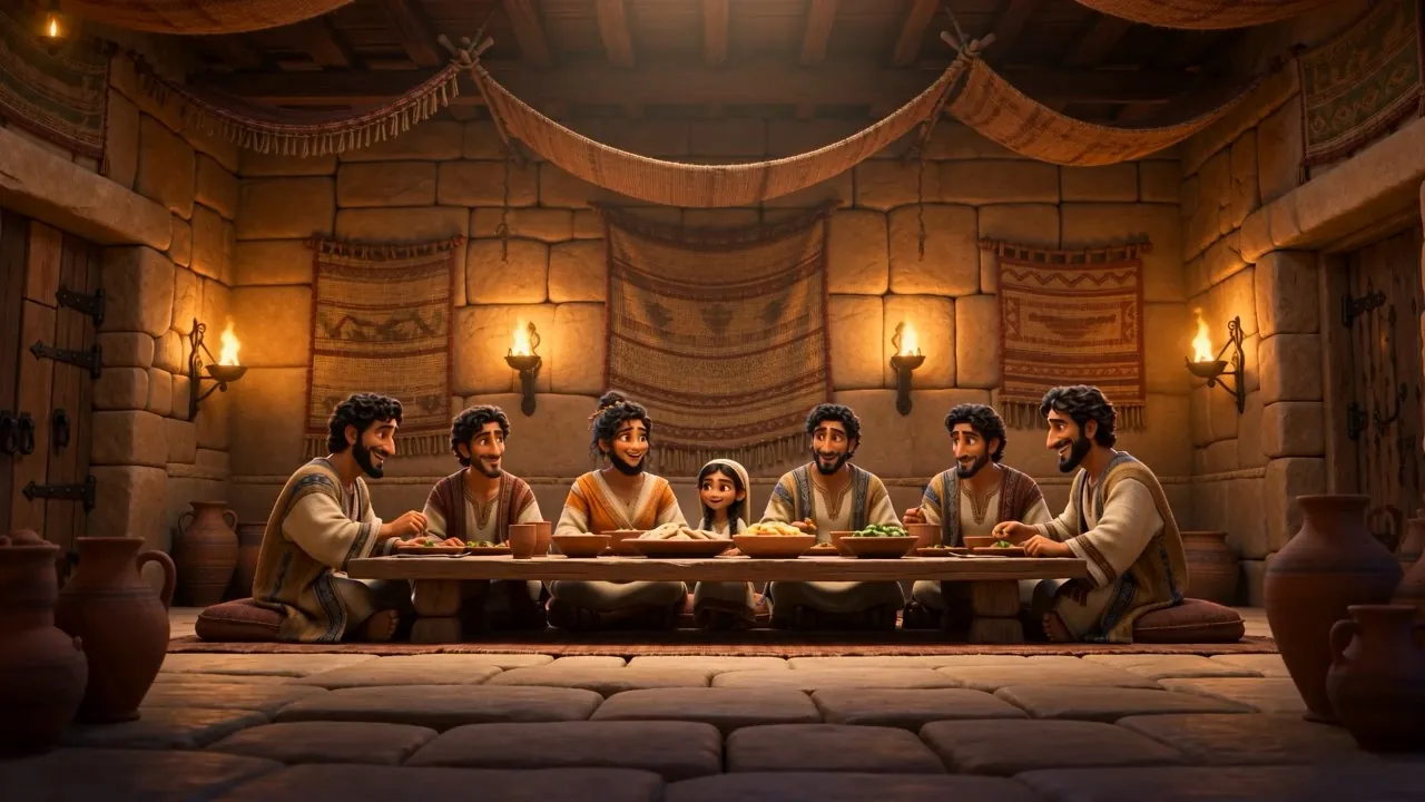 A long table, ten grown children, lamplight