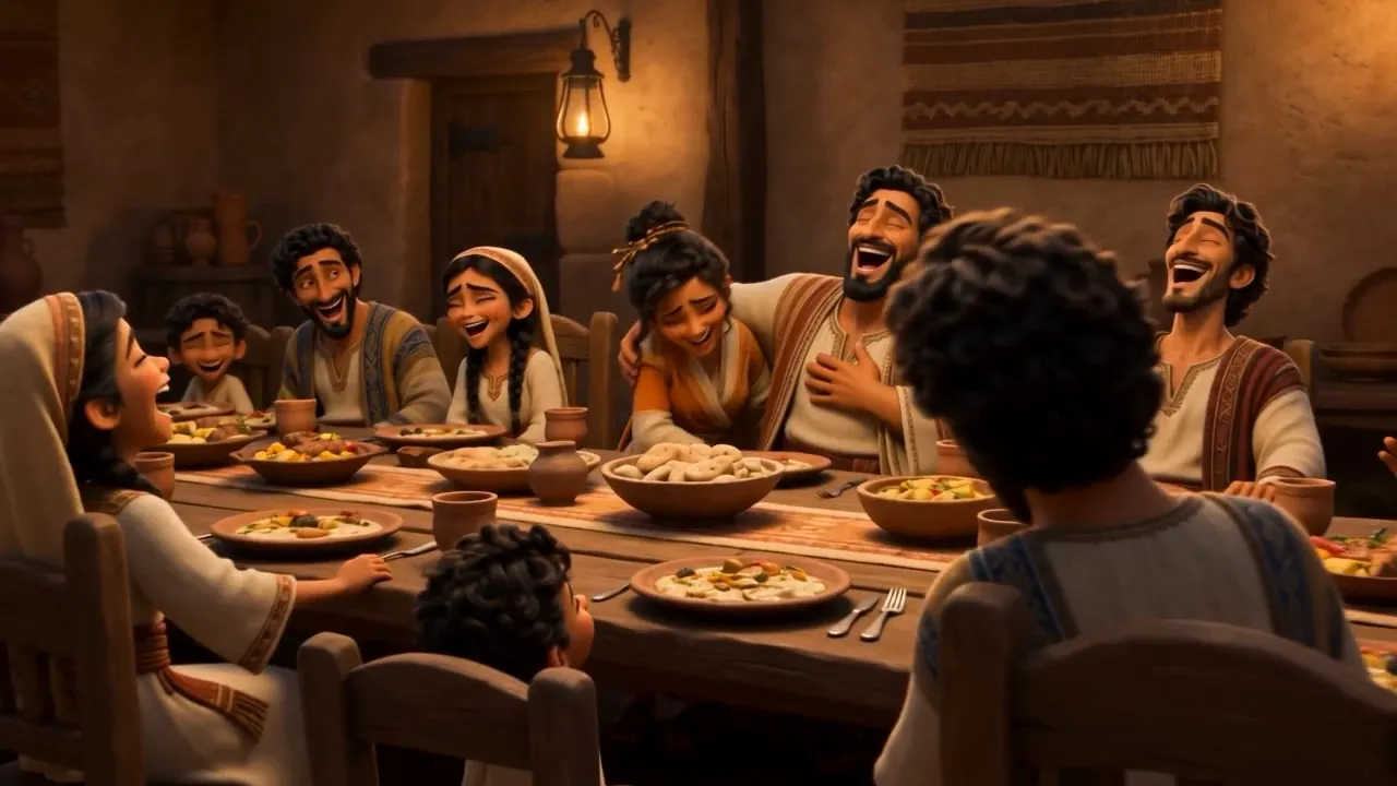 The whole table laughing at once