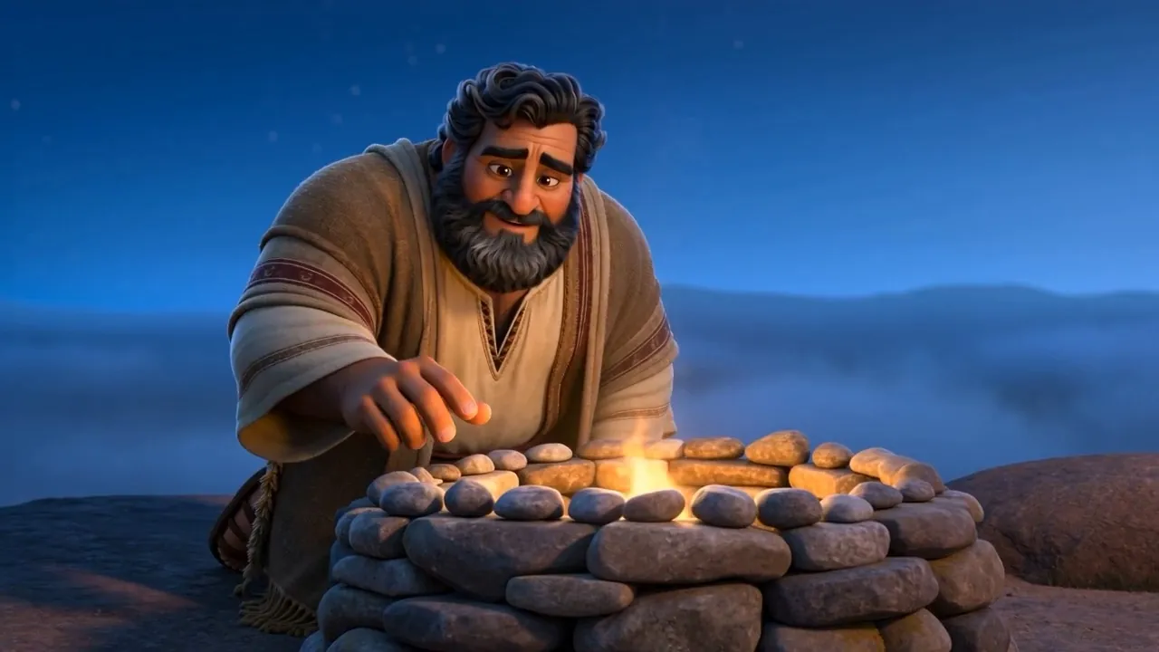 Before dawn — one man building a small stone altar