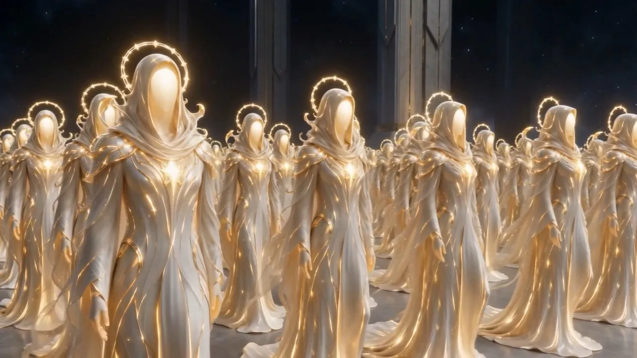 Ranks of faceless white-and-gold figures in a hall of light