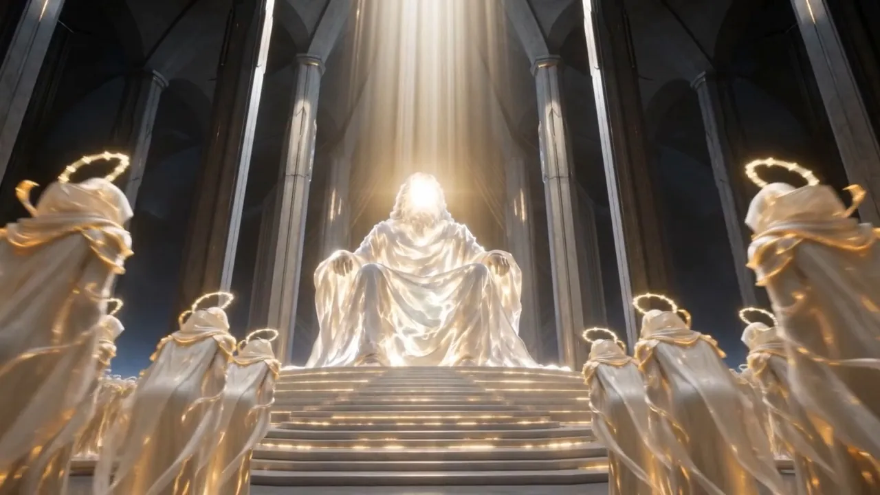 A radiance on a throne at the far end