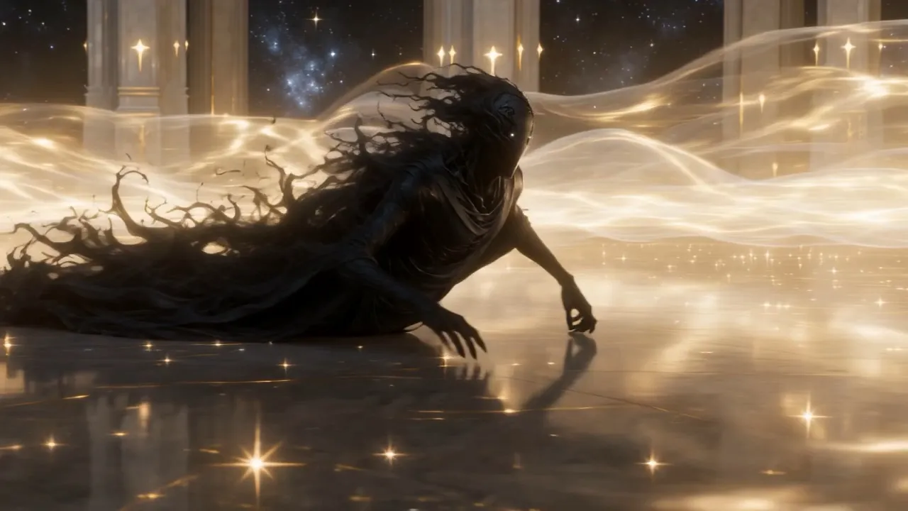 The black figure flat on the floor before the throne