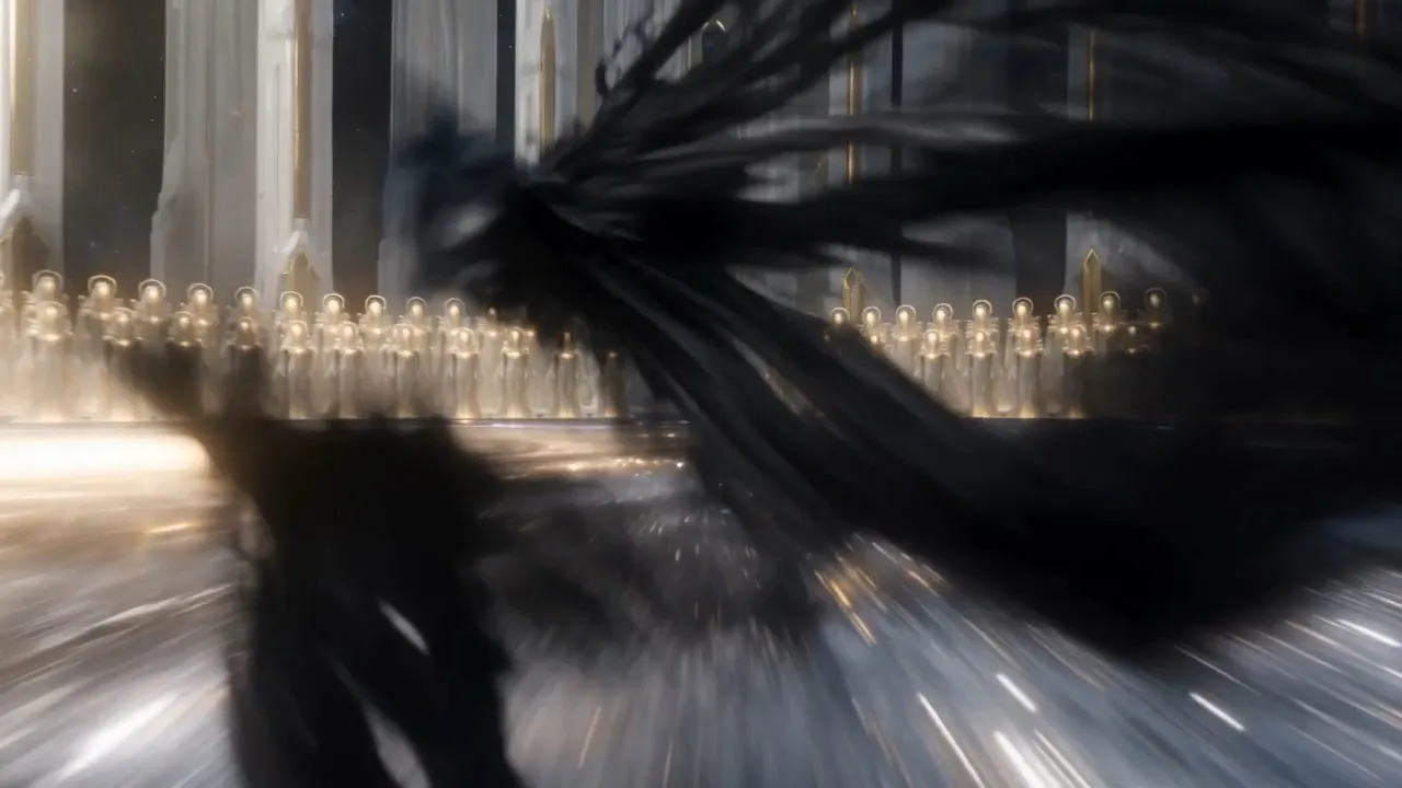 The black shape sweeps out through the doors