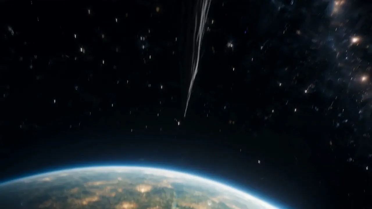 It falls away toward a blue planet