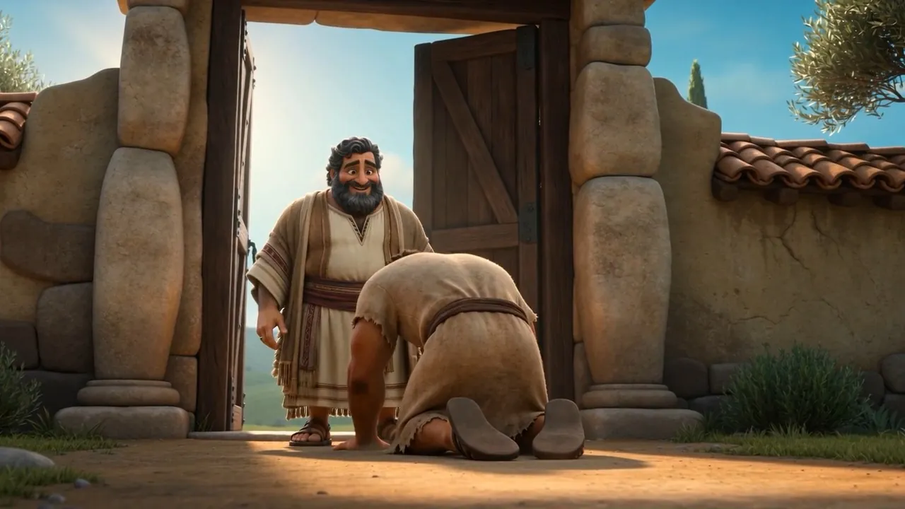 A ruined man crawls up the path to the gate