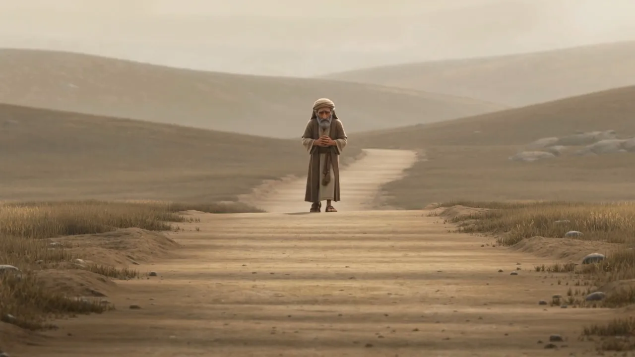 A third figure, tiny, on a bleached road