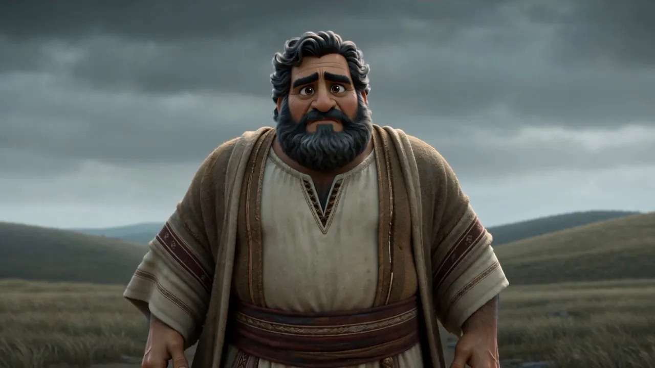 He stands in a dead grey field, arms at his sides