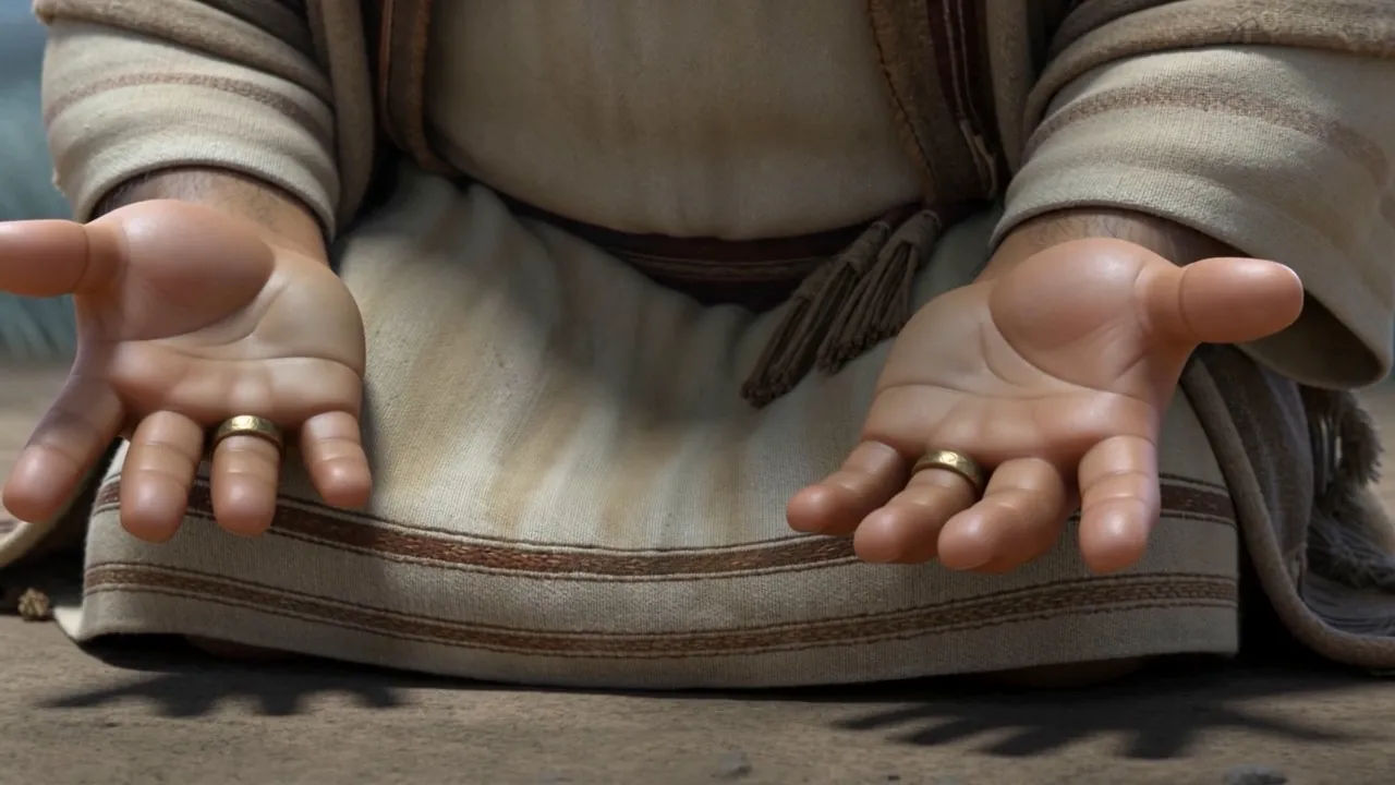 He kneels up and opens both hands, empty