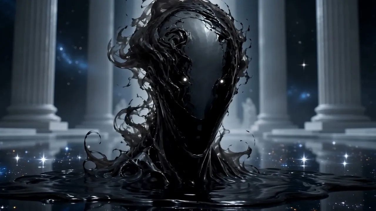 Black liquid rising out of a mirrored floor