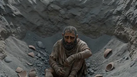 A man sitting in a pit of grey ash, scraping himself with a piece of broken pottery