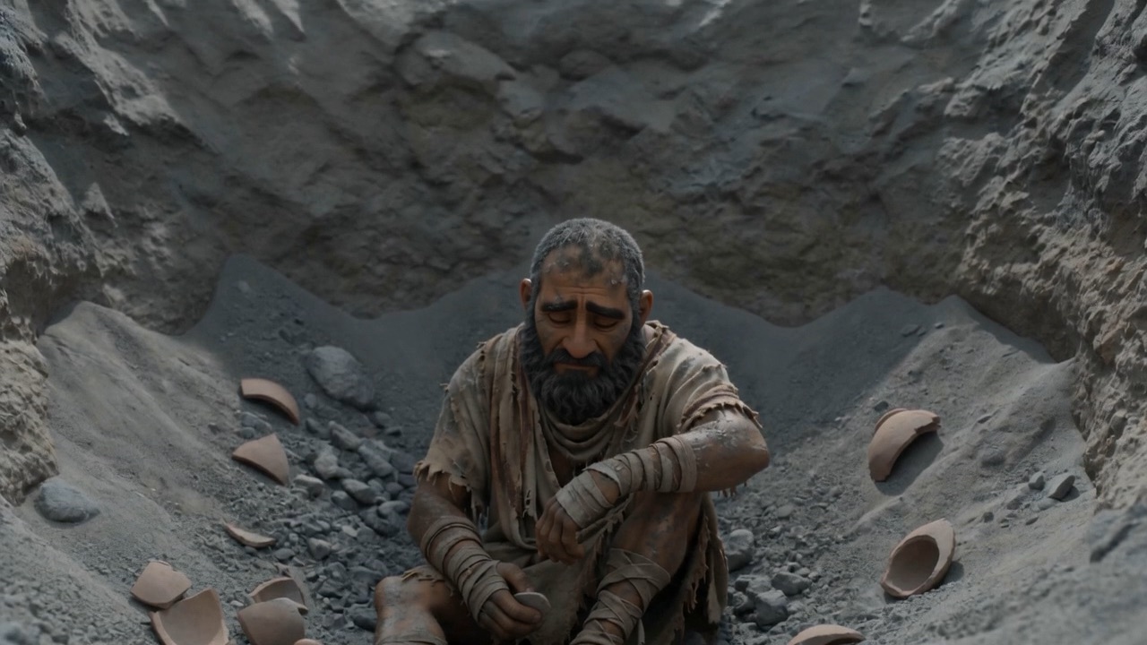 A man sitting in a pit of grey ash, scraping himself with a piece of broken pottery