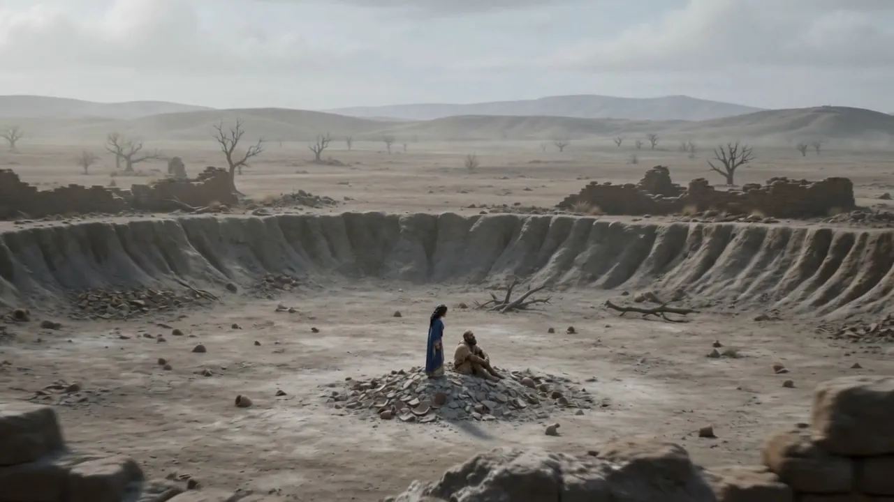 The ash pit from far off, ringed by ruins