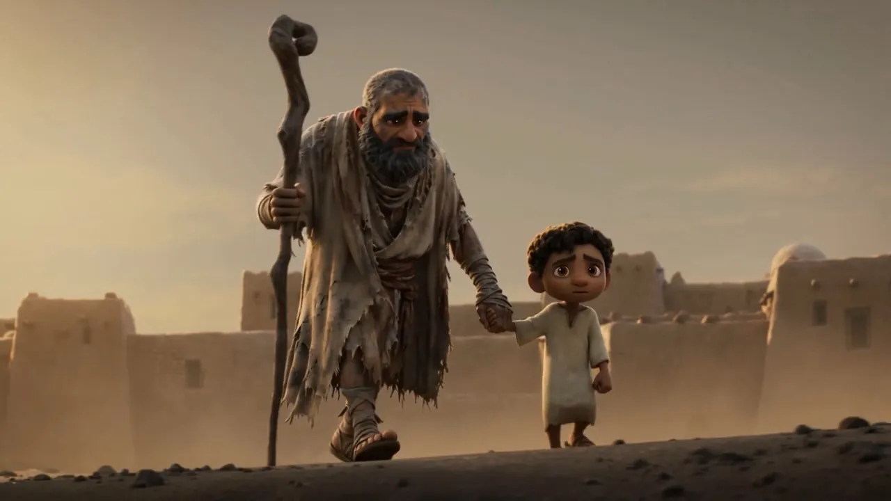 An old man leads a child past, not looking