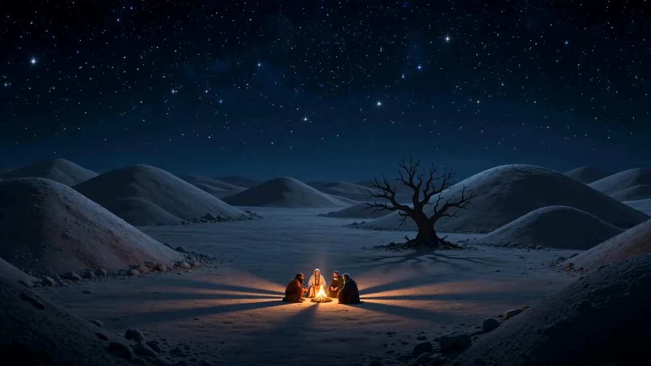 The fire, tiny, under an enormous sky