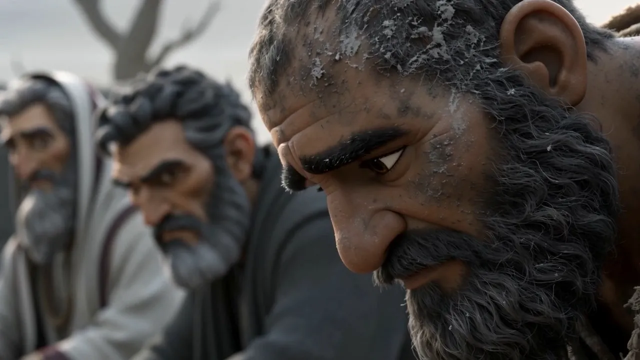Three faces, watching him, silent