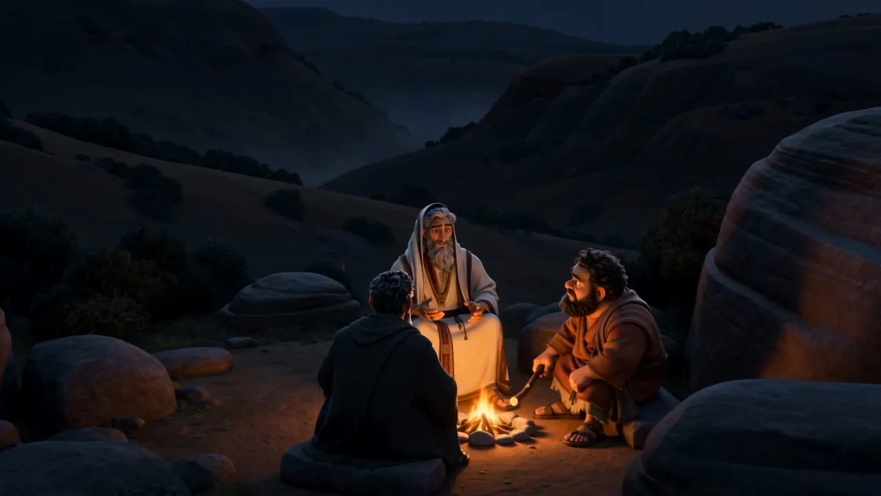 The fire, and three heads bent together