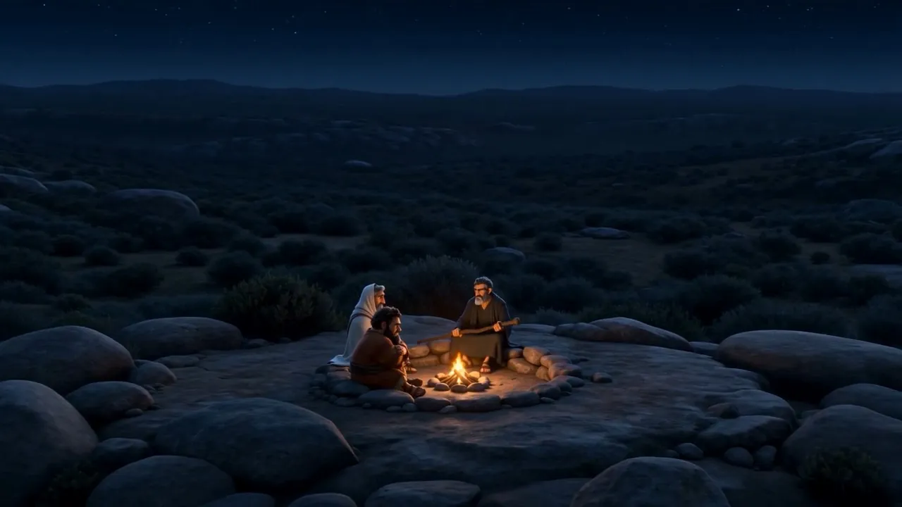 The fire, tiny, on a black hilltop