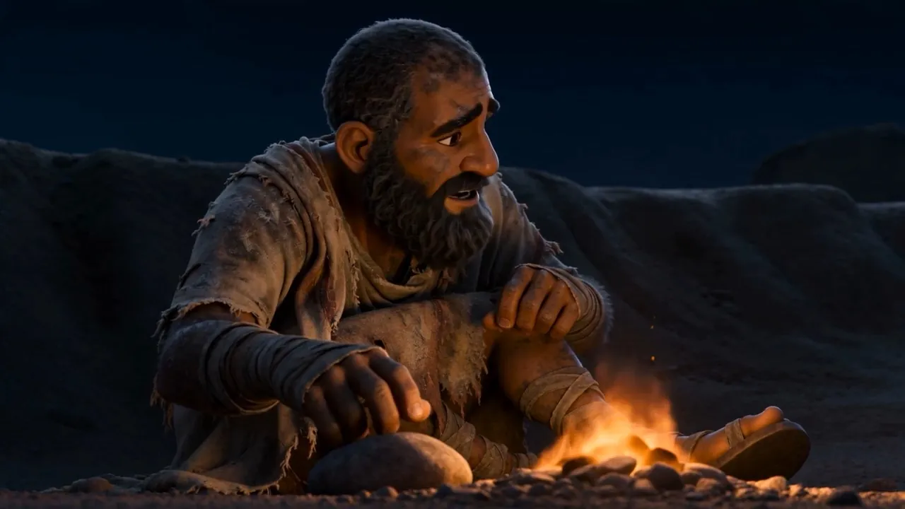 One man at a tiny fire in an enormous dark