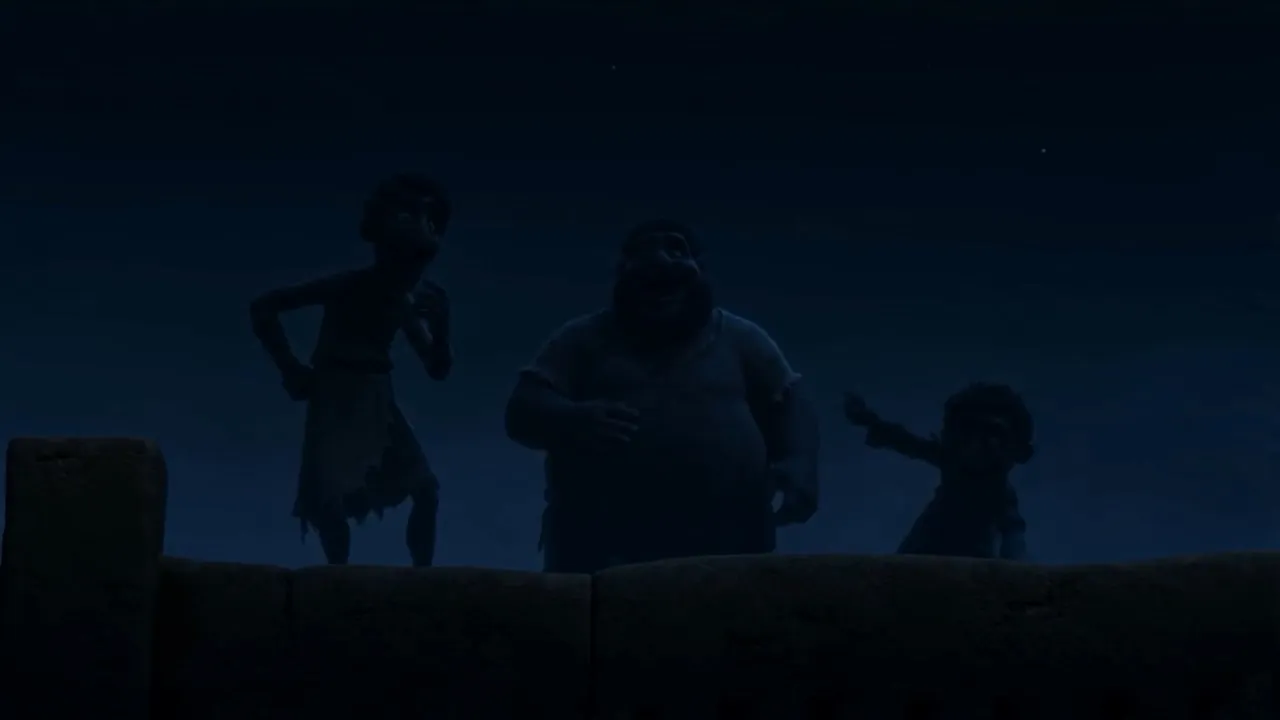 Children on the ridge above, mocking him
