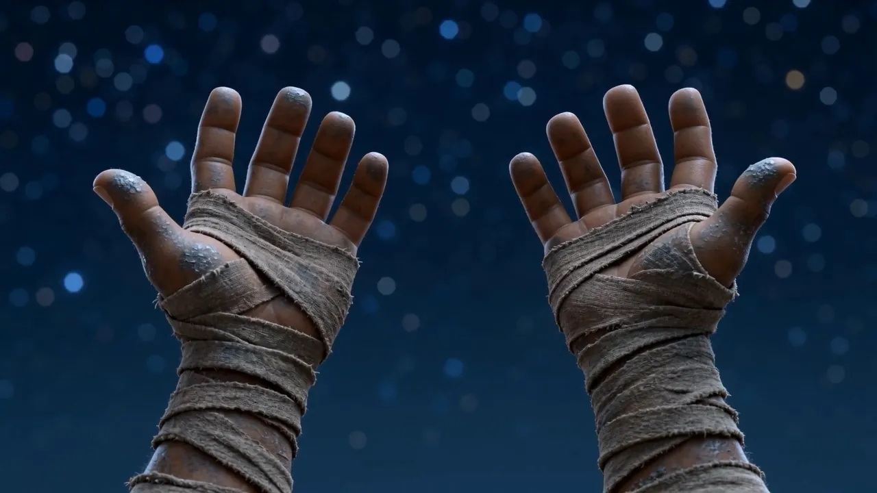 Two bandaged hands open against the stars