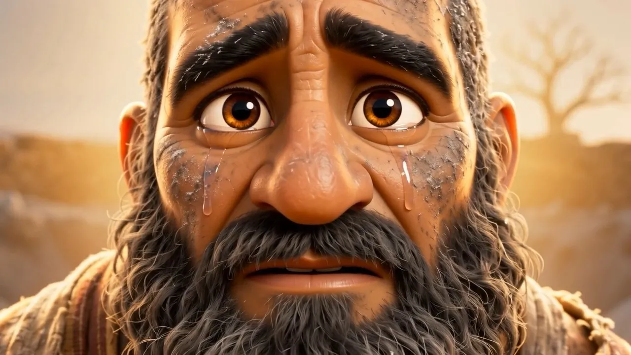 Tears on his face, and he is not angry
