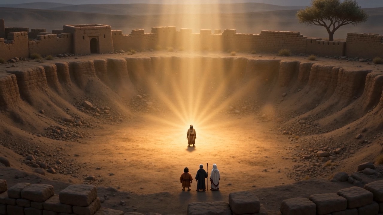 A shaft of golden light falling on one man at the bottom of a grey crater