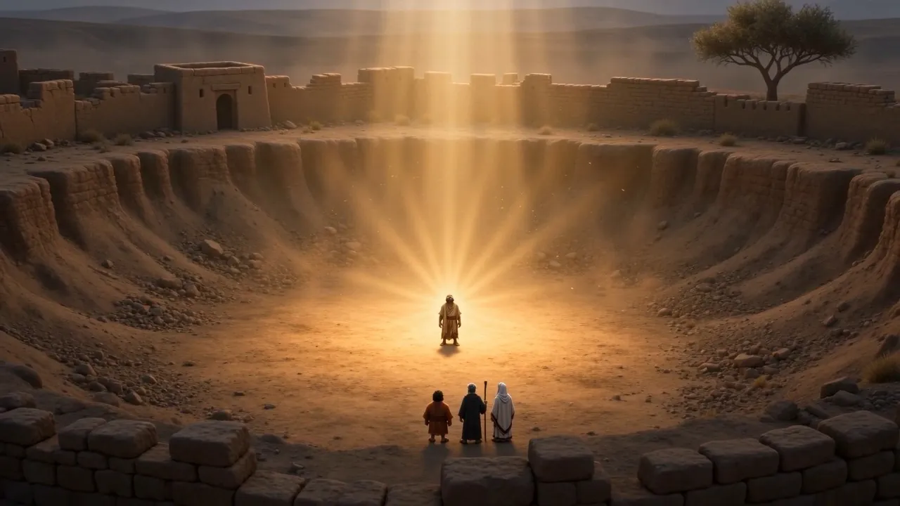 A shaft of golden light falling on one man at the bottom of a grey crater