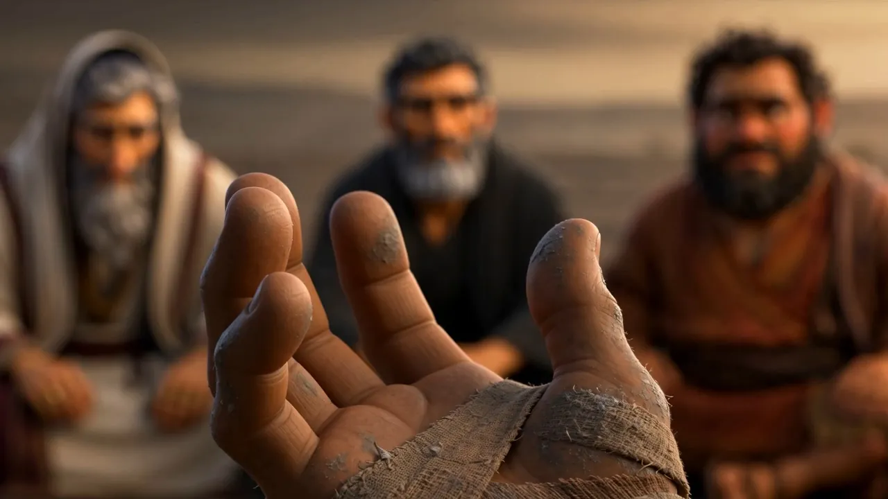 The hand, close, blurred friends beyond it