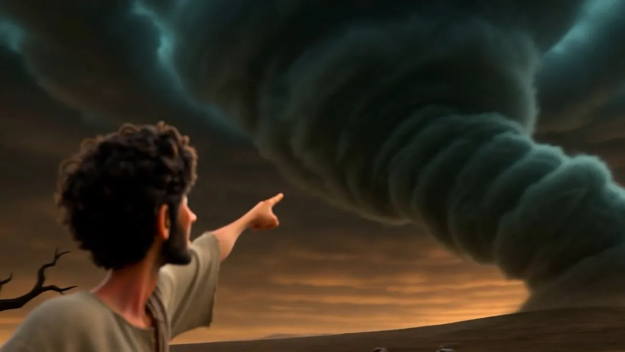 He stops mid-sentence and points at the sky